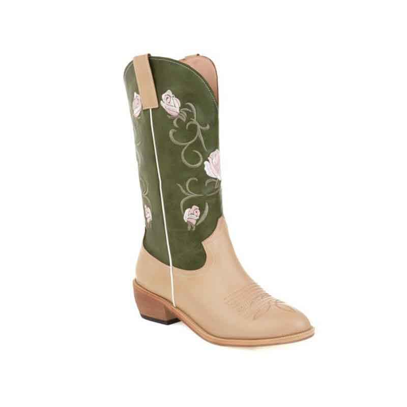 Women's embroidered cowgirl boots with floral design and tan uppers for stylish western wear