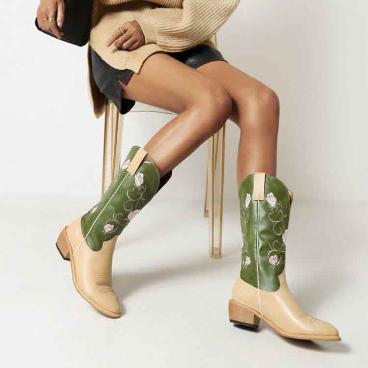 Stylish women's embroidered cowgirl boots with floral design and a modern heel for trendy looks