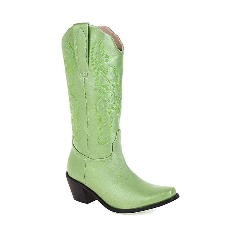 Women's embroidered cowgirl boots in vibrant green with intricate floral designs and a classic pointed toe