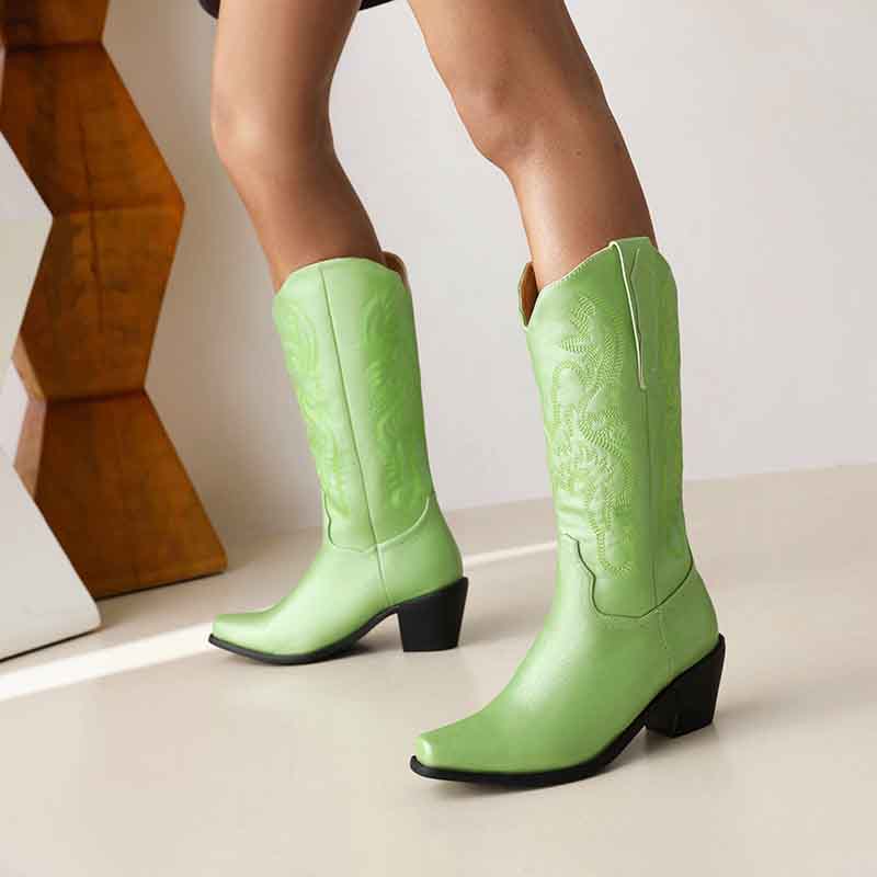 Stylish women's embroidered cowgirl boots in green with a block heel and intricate designs