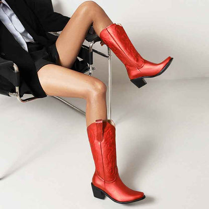 Stylish women's embroidered cowgirl boots in red, perfect for adding flair to any outfit.