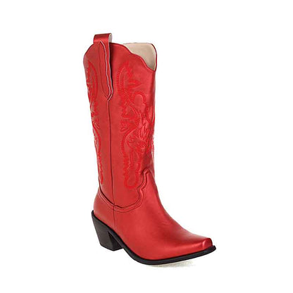 Red women's embroidered cowgirl boots with intricate designs and a stylish heel