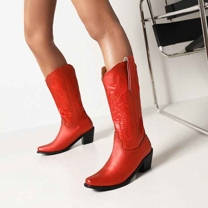 Stylish red women's embroidered cowgirl boots with detailed stitching and a fashionable heel