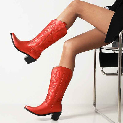 Stylish women's embroidered cowgirl boots in vibrant red with a fashionable heel