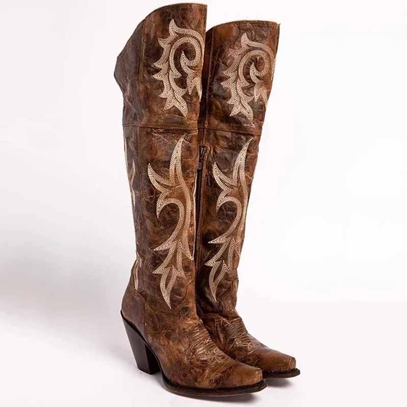 womens embroidered snip toe boots in brown with intricate designs and a stylish heel