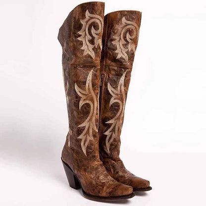 womens embroidered snip toe boots in brown with intricate designs and a stylish heel