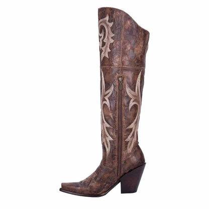 womens embroidered snip toe boots with decorative stitching in a stylish brown finish