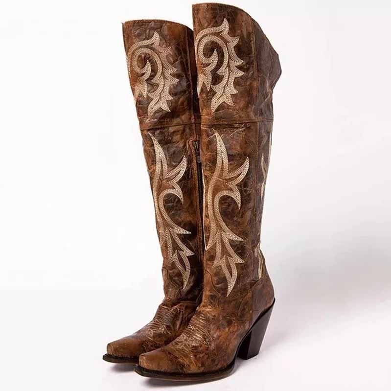 Womens embroidered snip toe boots in brown leather with intricate floral embroidery