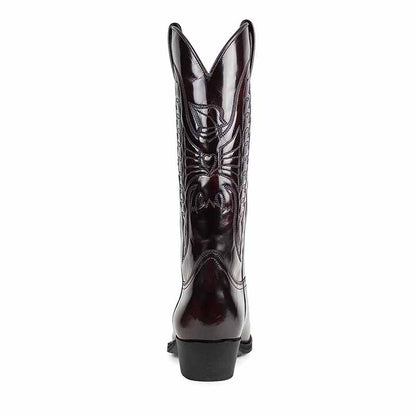 Back view of sd-hk women's embroidered western boots with stylish stitching and classic design
