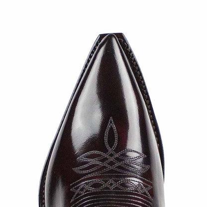 Close-up of women's embroidered western boots featuring intricate stitching and a pointed toe design