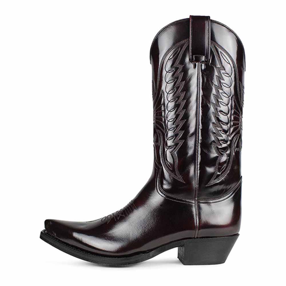 Women's embroidered western boots in dark burgundy with intricate stitching and pointed toe design