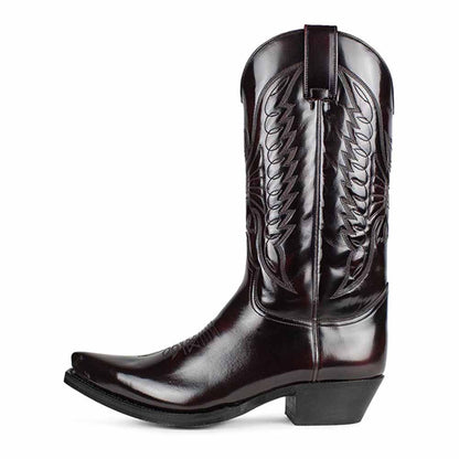 Women's embroidered western boots in dark burgundy with intricate stitching and pointed toe design