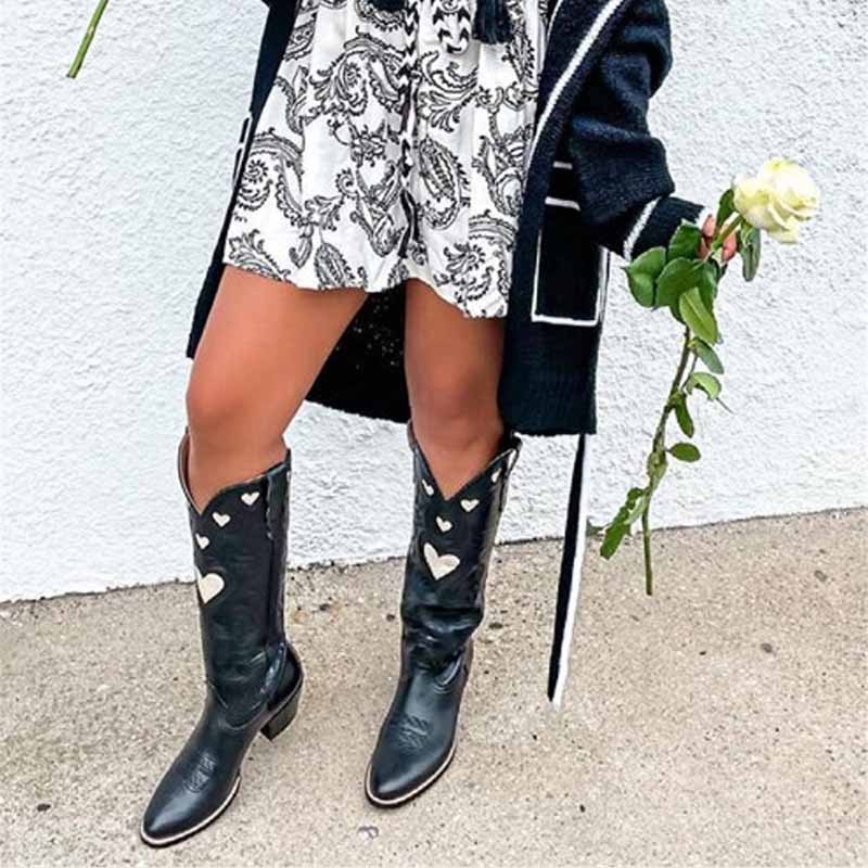 Women's embroidery heart cowgirl boots featuring heart designs on a stylish black leather finish