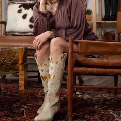 Stylish women's embroidery heart cowgirl boots in cream with gold hearts perfect for trendy outfits