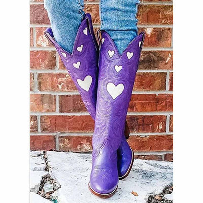 Stylish women's embroidery heart cowgirl boots in purple with heart accents and intricate design