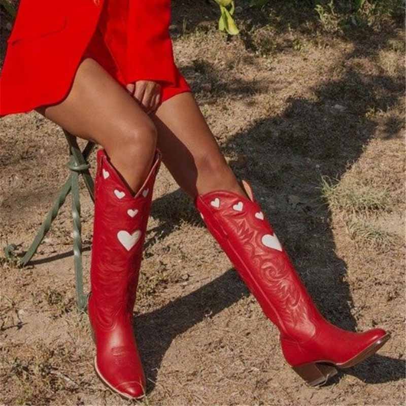 Women's embroidery heart cowgirl boots in red with heart designs, perfect for stylish western looks