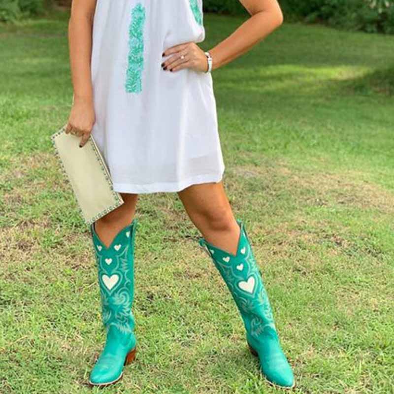Stylish women's embroidery heart cowgirl boots in turquoise, perfect for country-themed outfits