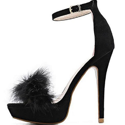 Elegant black women's feather party pumps with ankle strap and stylish feather detail