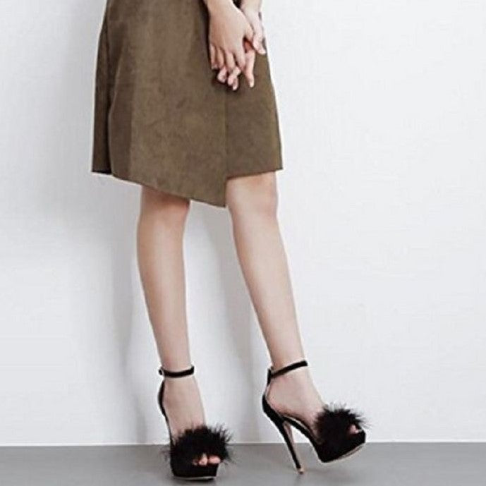 Elegant women's feather party pumps with ankle strap and fluffy accents for stylish evening wear
