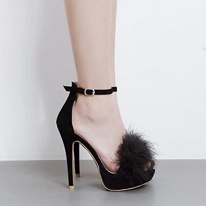 Stylish women's feather party pumps in black with a sleek stiletto heel and ankle strap design