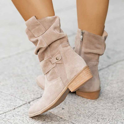Stylish women's flat heel calf boots in beige with slouch design and wooden heel for casual wear