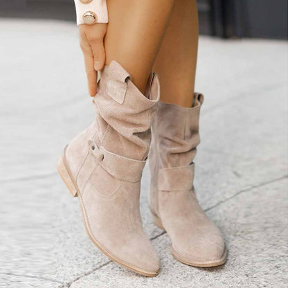 Stylish women's flat heel calf boots in light beige with slouchy design and comfortable fit