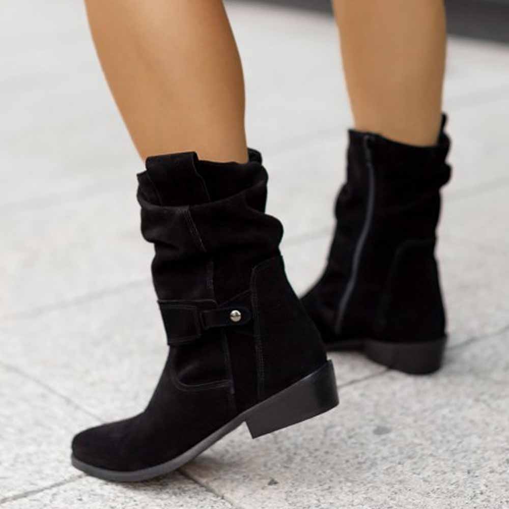 Stylish women's flat heel calf boots in black with a slouchy design and side zipper
