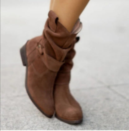 Stylish brown women's flat heel calf boots with a slouchy design for casual wear