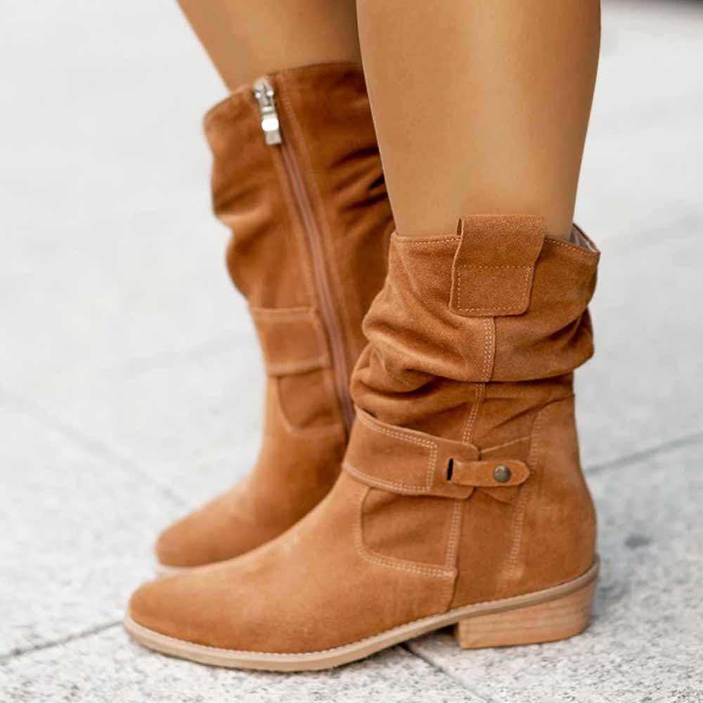 Stylish women's flat heel calf boots in tan suede with adjustable buckle detail and zipper closure