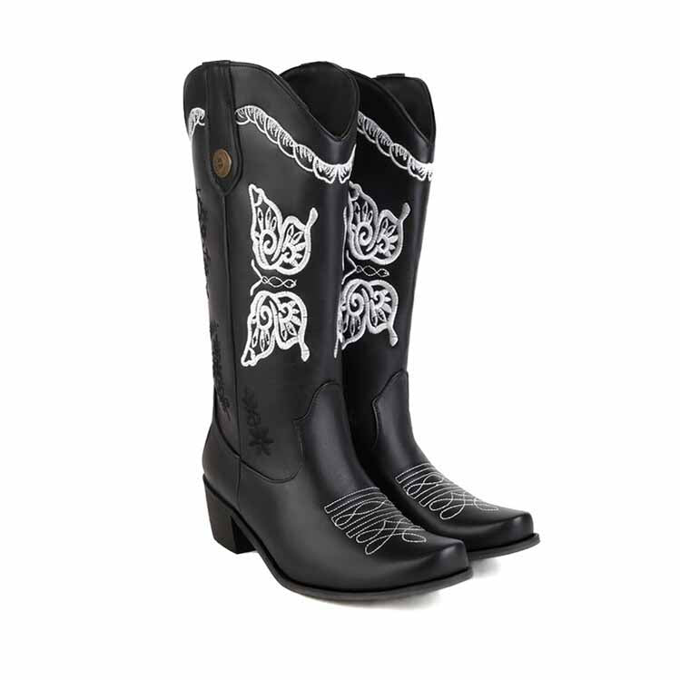 Tucomosi women's floral embroidery cowgirl boots in black with stylish white stitching design