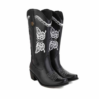 Tucomosi women's floral embroidery cowgirl boots in black with stylish white stitching design