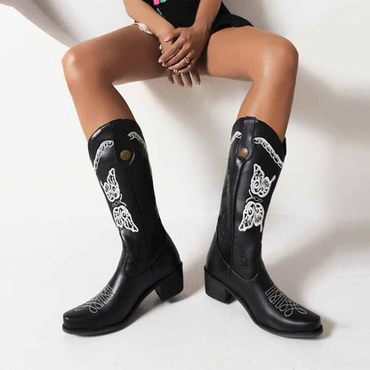 Tucomosi women's floral embroidery cowgirl boots with stylish butterfly design and comfortable heel
