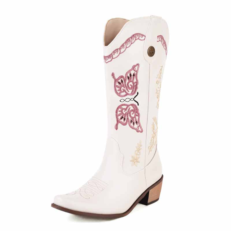 Tucomosi women's floral embroidery cowgirl boots in white with detailed stitching and butterfly design
