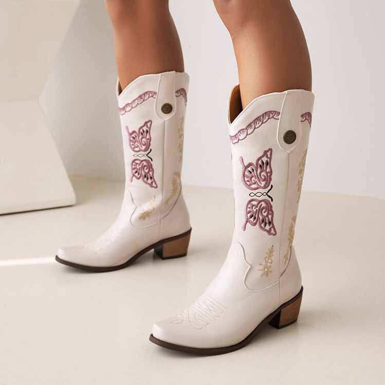 Tucomosi women's floral embroidery cowgirl boots in white with colorful butterfly designs