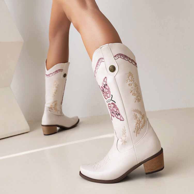 Tucomosi women's floral embroidery cowgirl boots in white with stylish design for trendy outfits