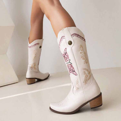 Tucomosi women's floral embroidery cowgirl boots in white with stylish design for trendy outfits