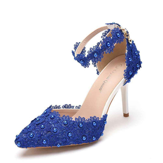 Stunning blue women's floral high heel wedding shoes with lace and beaded accents for elegant occasions