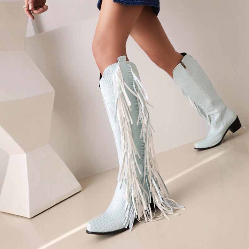 Stylish women's fringe cowgirl boots in light blue, perfect for adding flair to any outfit