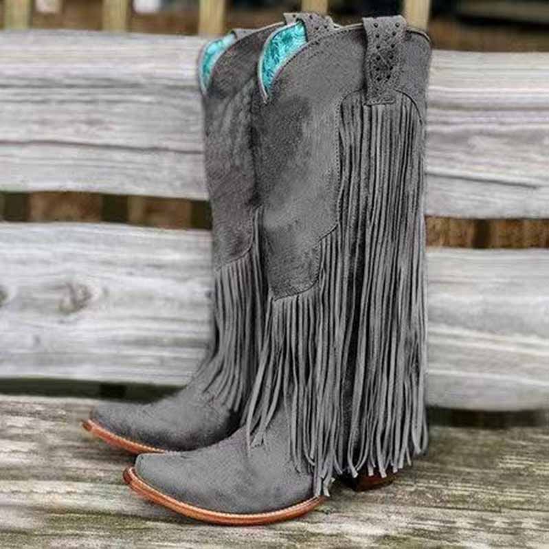 Stylish women's fringe western boots in gray with intricate detailing and comfortable fit
