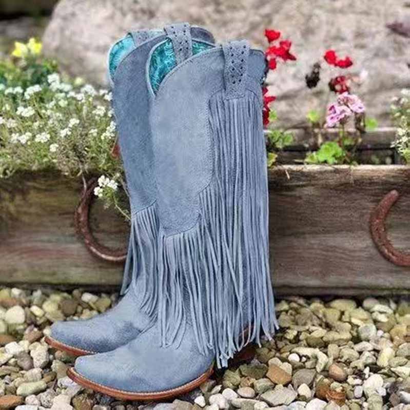 Stylish women's fringe western boots in gray with decorative fringe and floral lining