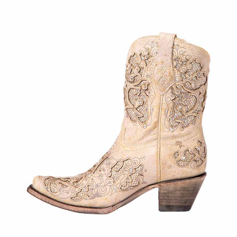 Women's glitter western wedding boots with intricate floral patterns and a stylish heel