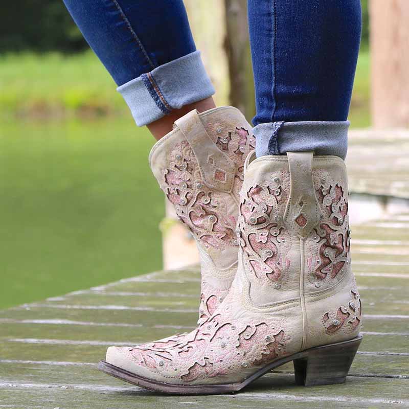 Women's glitter western wedding boots with intricate floral designs for bride's unique style