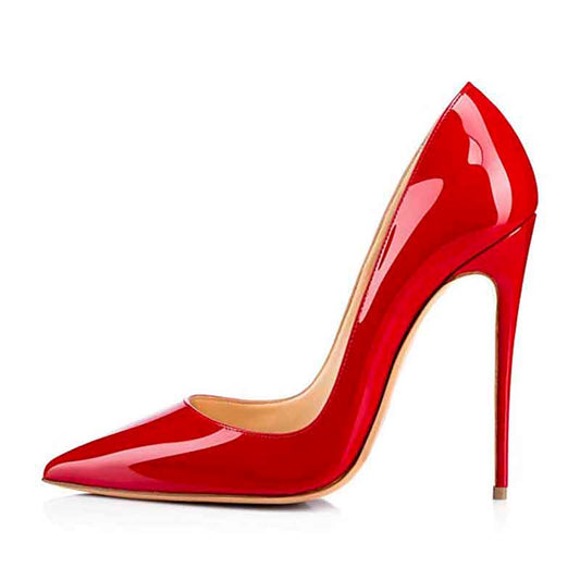 Red women's high heel party pumps with a sleek pointed toe design and glossy finish