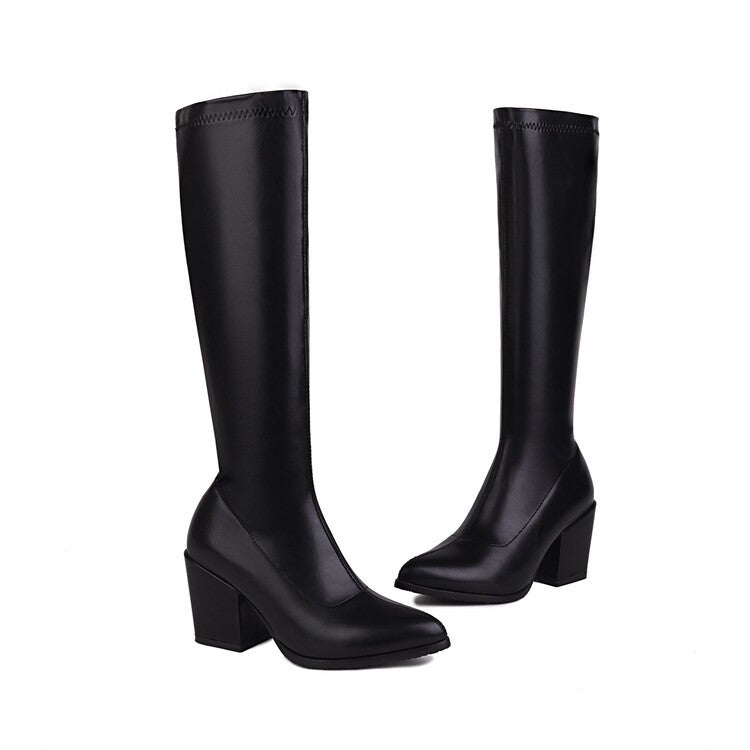 Stylish women's knee-high block heel boots in black with a sleek design and comfortable fit