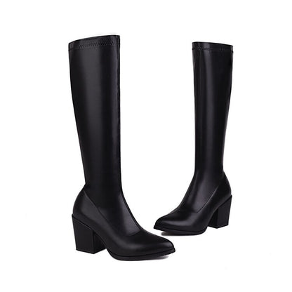 Stylish women's knee-high block heel boots in black with a sleek design and comfortable fit