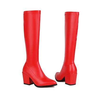 Stylish red women's knee-high block heel boots with a sleek design and comfortable fit