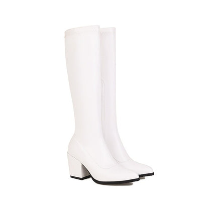 Stylish white women's knee-high block heel boots with a sleek design for fashion-forward outfits