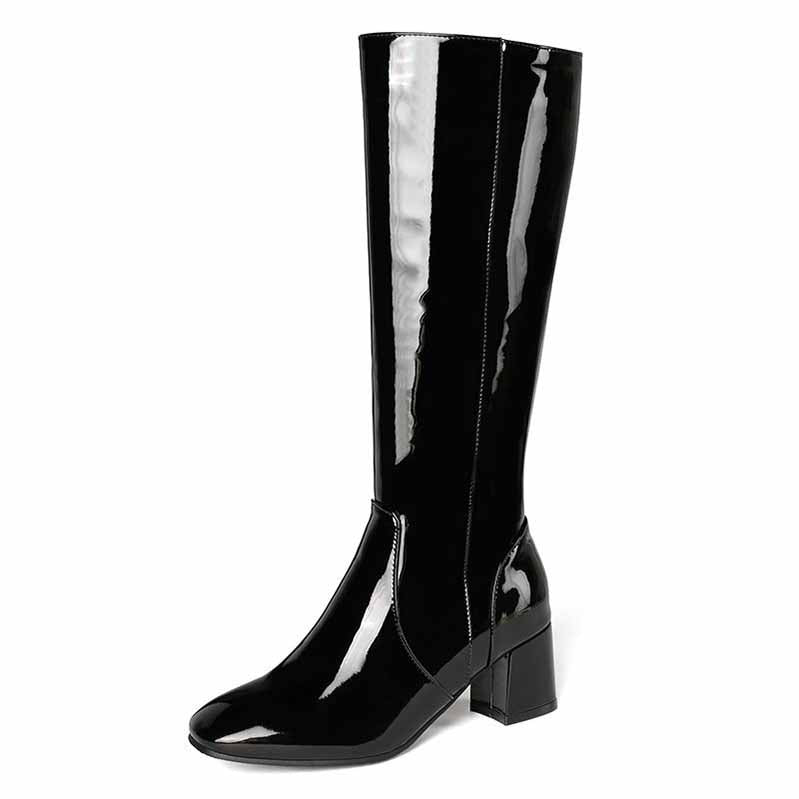Shiny black women's knee high boots with a stylish block heel for modern fashion looks