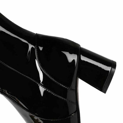 Stylish black women's knee high boots with glossy finish and chunky heel for modern fashion.
