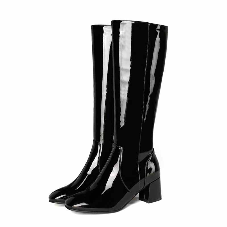 Stylish black patent women's knee high boots with block heels for modern fashion